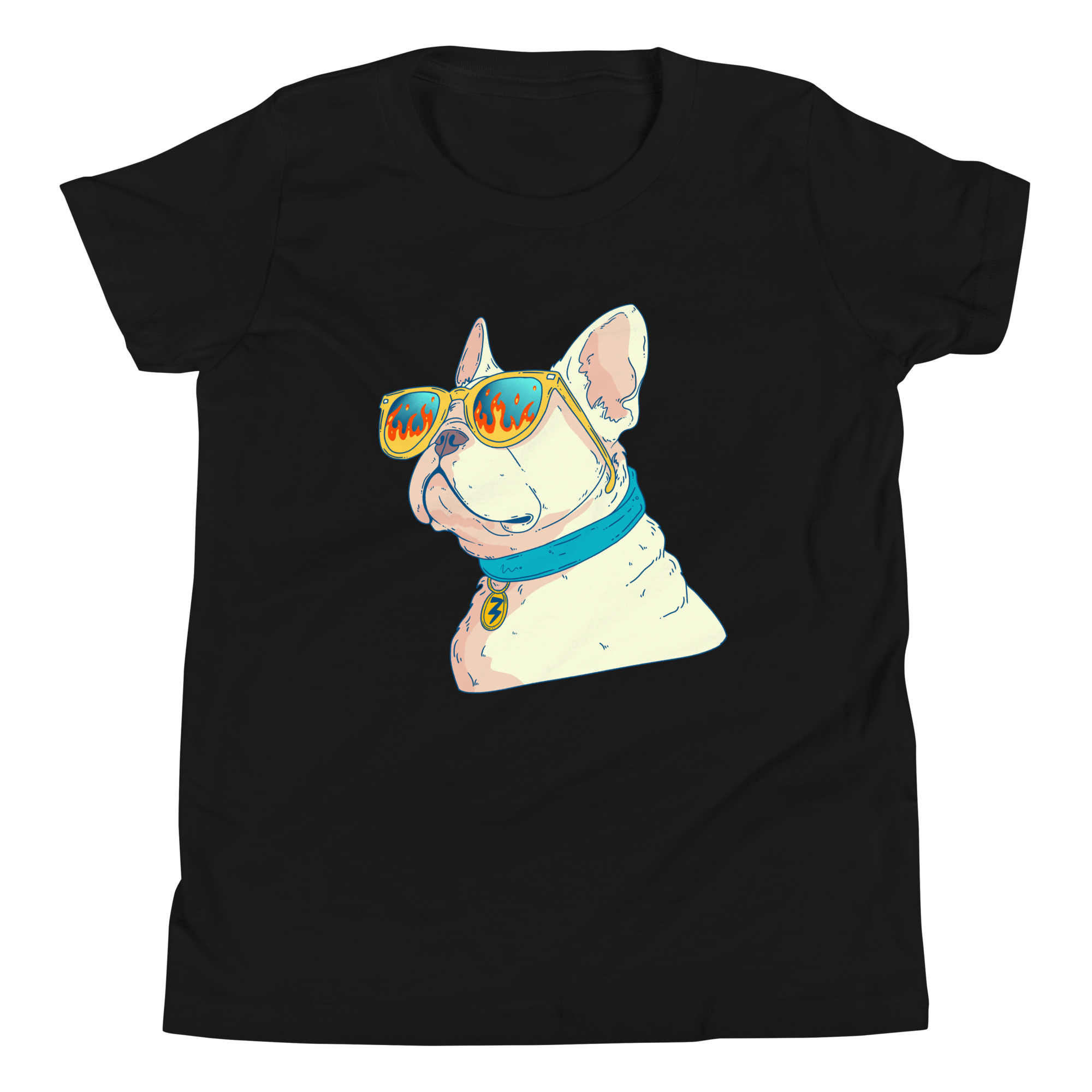 French Bulldog Kids T-Shirt featuring a cool dog in sunglasses and a blue collar on a black background.