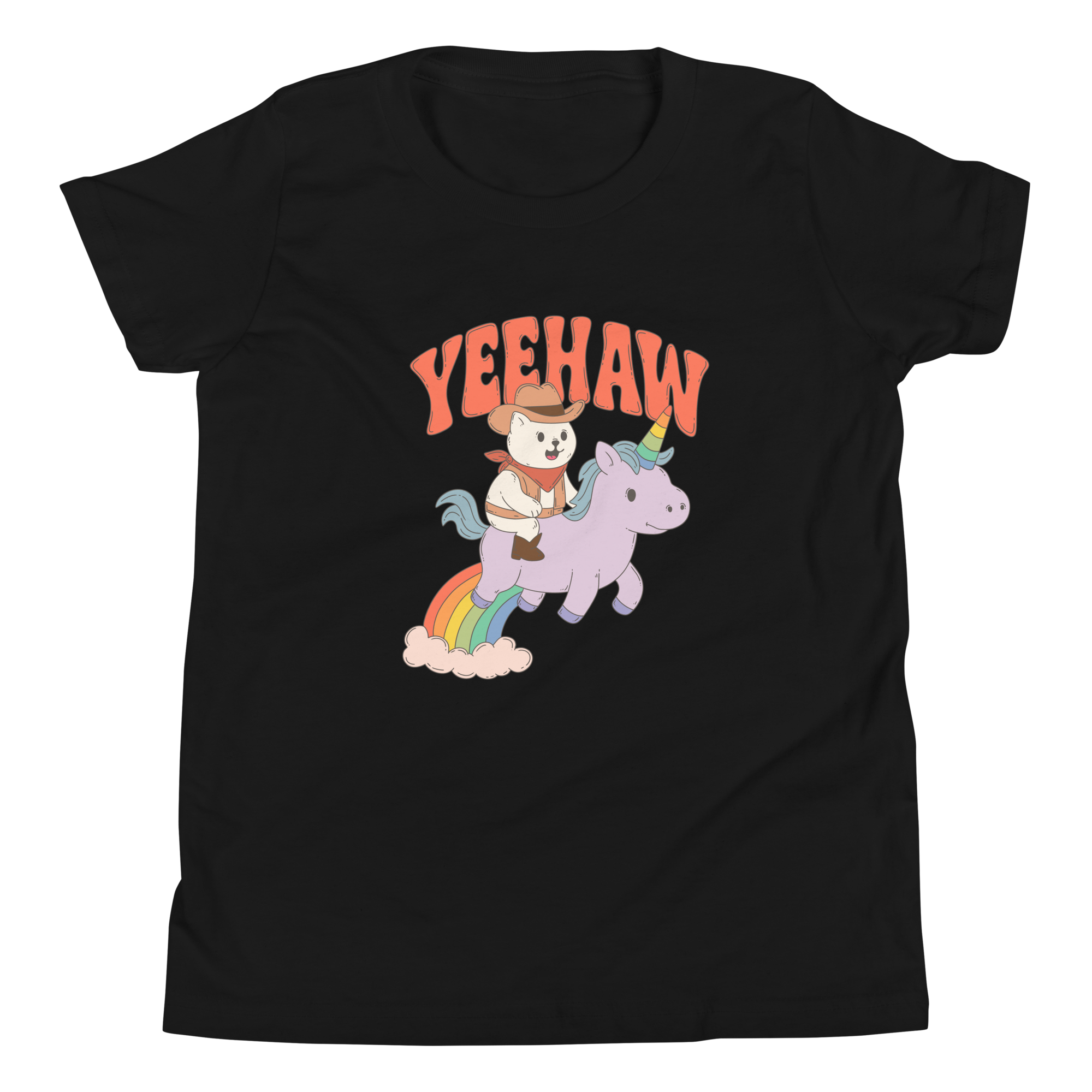 Yeehaw Cowboy Cat Kids T-Shirt featuring a cat riding a purple unicorn on a rainbow.