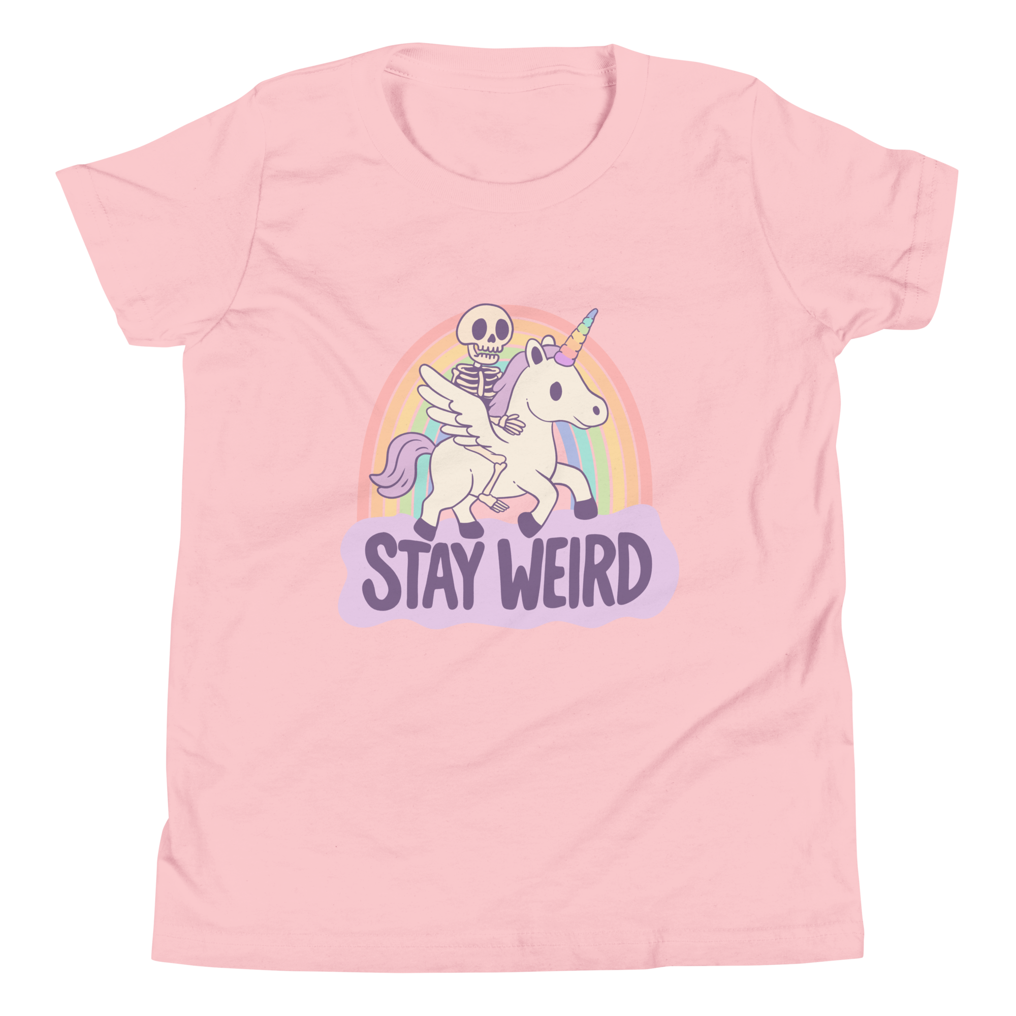 Stay Weird Kids Skeleton Unicorn Youth T-Shirt featuring a cheerful skeleton on a unicorn over a pastel rainbow.
