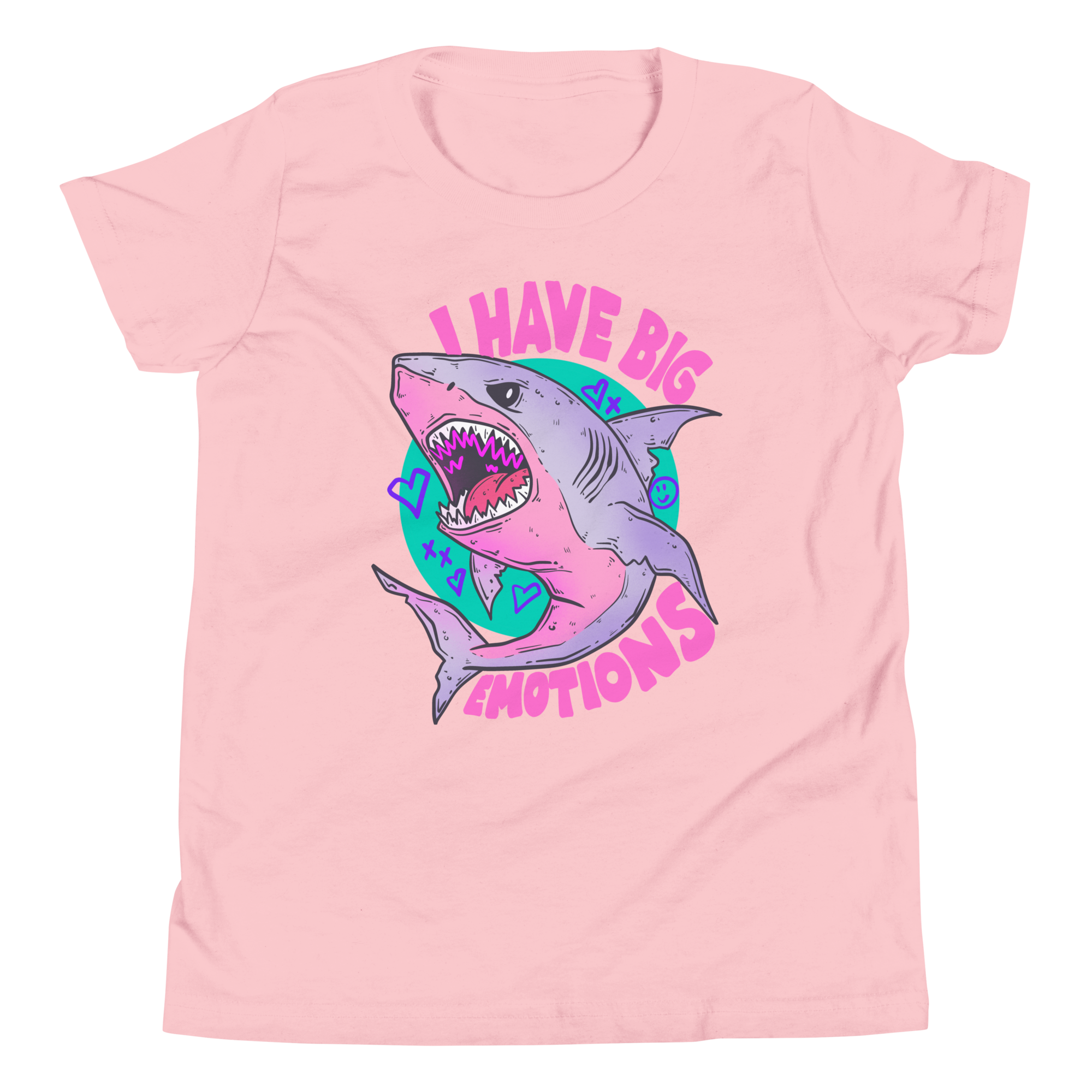 I Have Big Emotions Youth T-Shirt featuring a pastel shark and hearts for expressive kids, perfect for big emotions kids t-shirt.