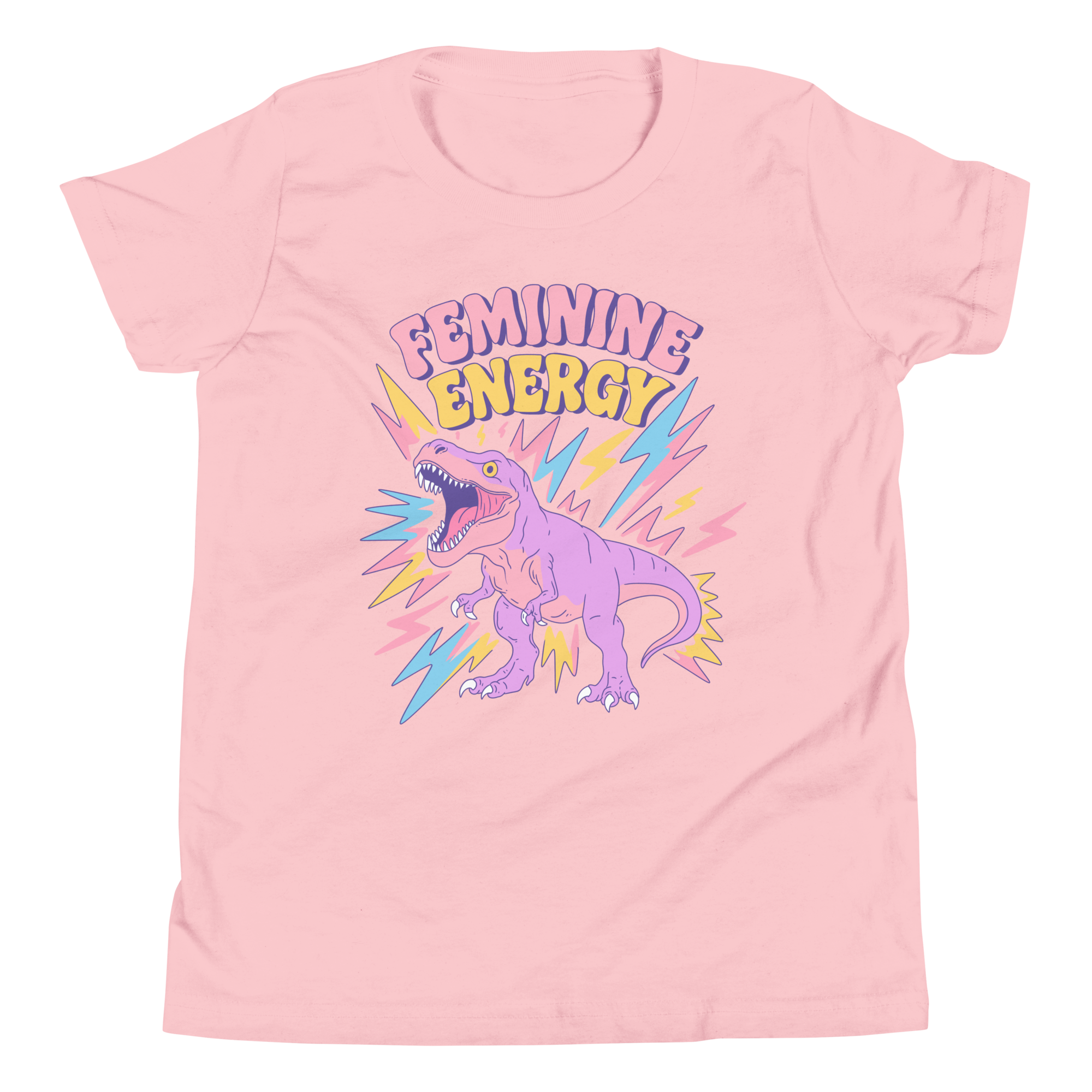 Feminine Energy Youth T-Shirt featuring a pastel T-Rex and lightning bolts, bold and fun design for girls.