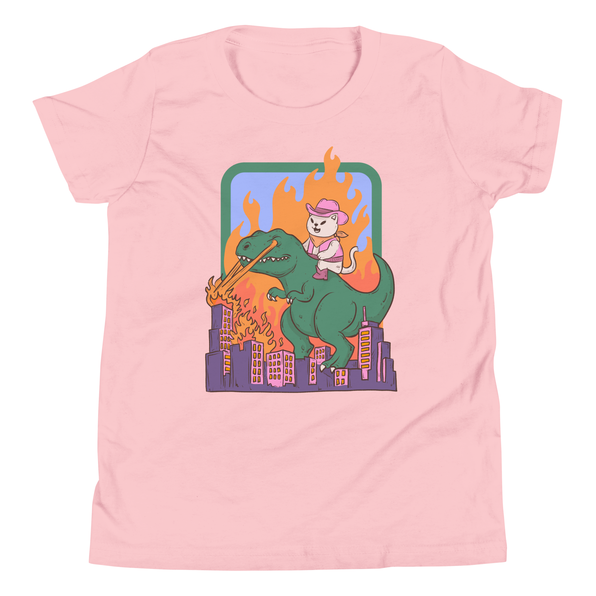 Cat riding dinosaur kids t-shirt featuring a cool cat in a pink cap on a fire-breathing dinosaur.