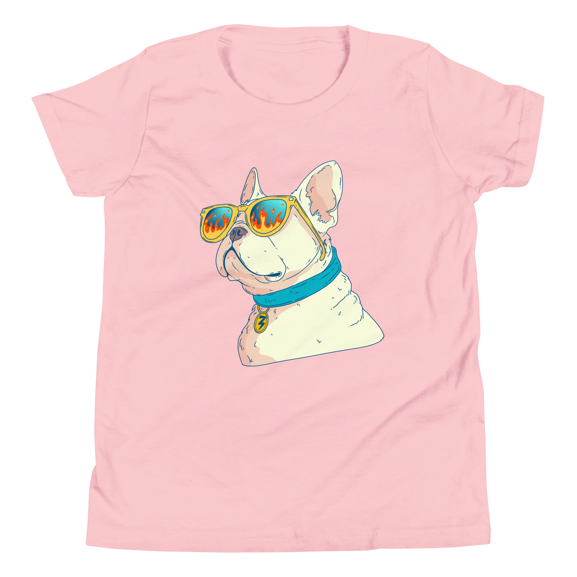 French Bulldog Kids T-Shirt featuring a cool dog in sunglasses and a blue collar on a black background.