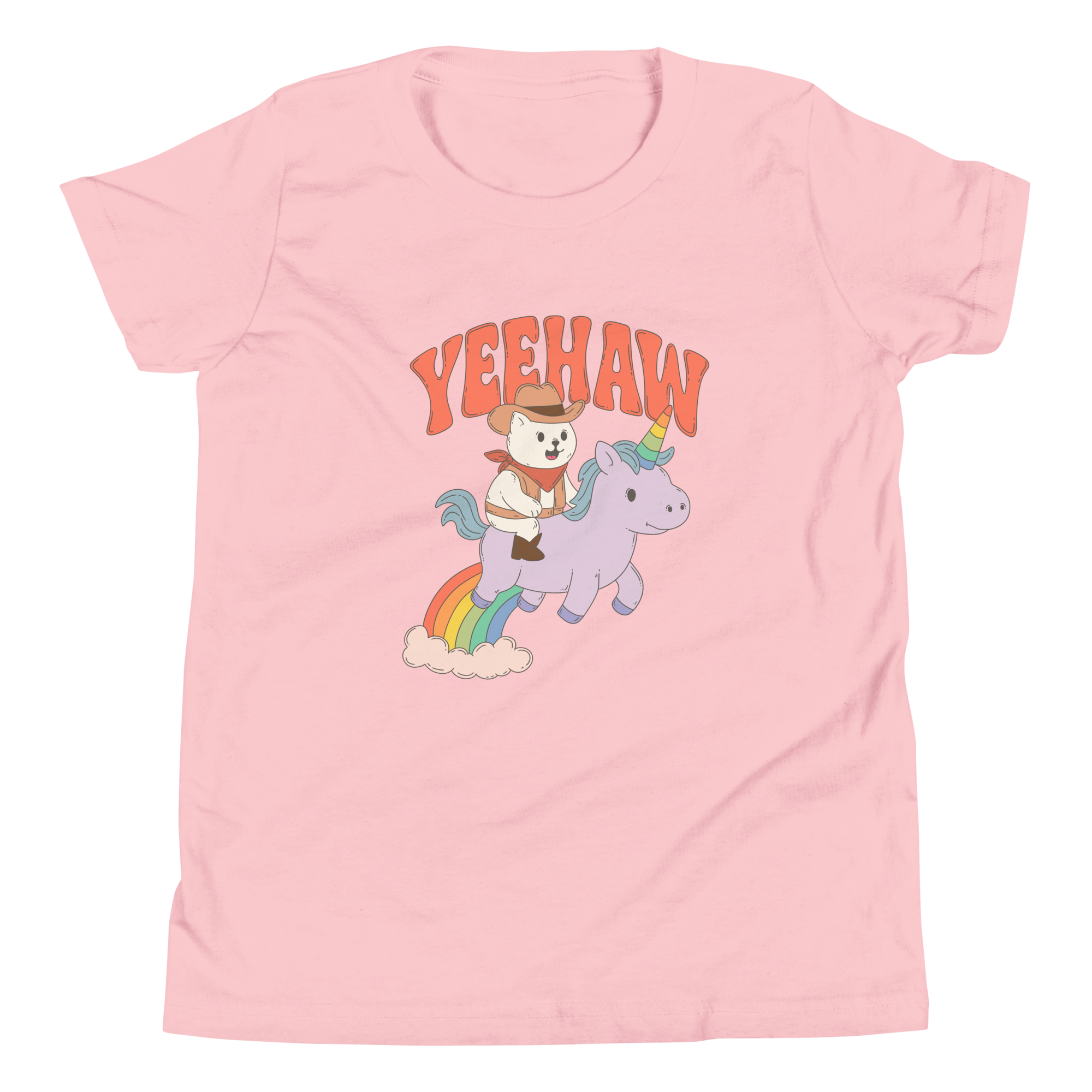 Yeehaw Cowboy Cat Kids T-Shirt featuring a cat riding a purple unicorn on a rainbow.