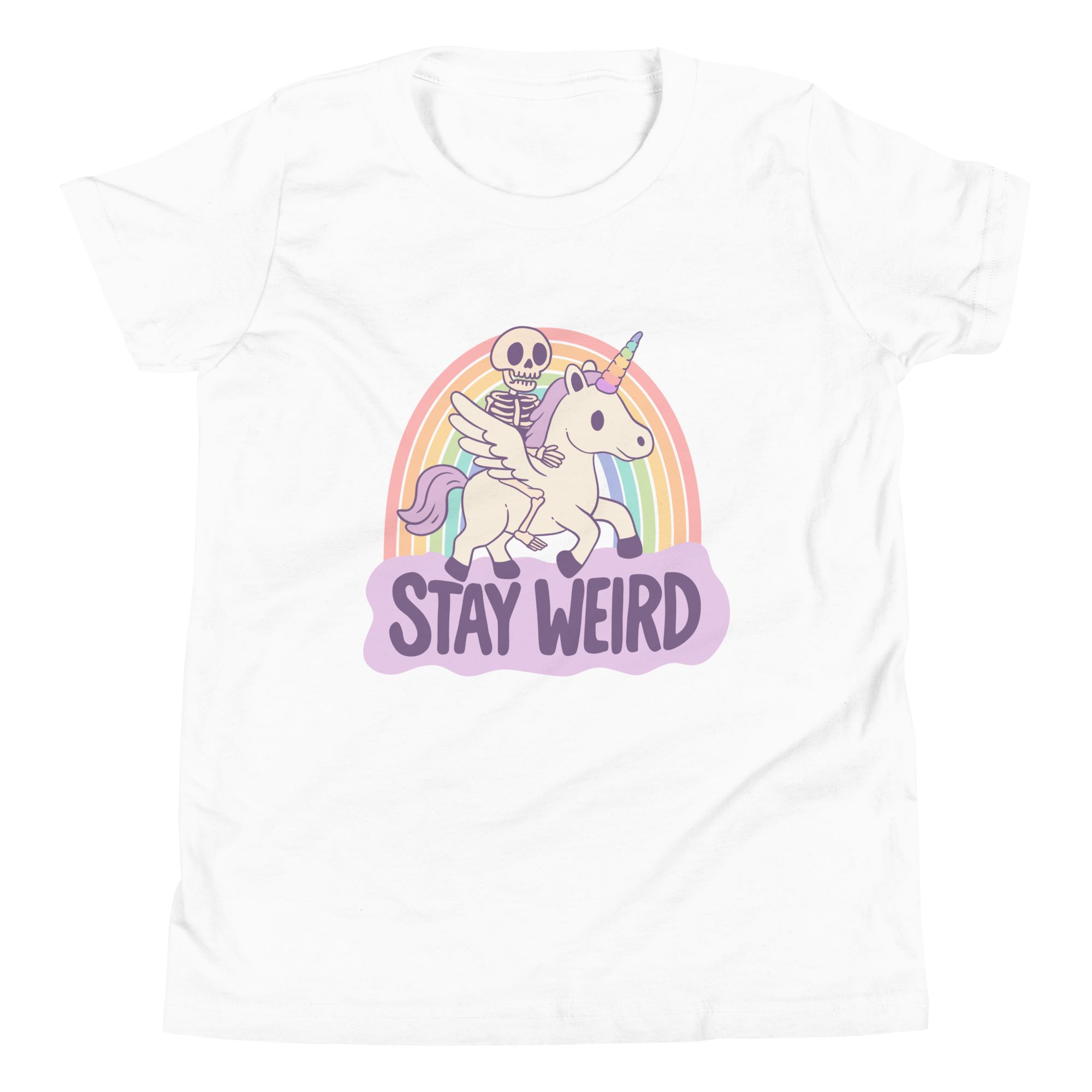 Stay Weird Kids Skeleton Unicorn Youth T-Shirt featuring a cheerful skeleton on a unicorn over a pastel rainbow.