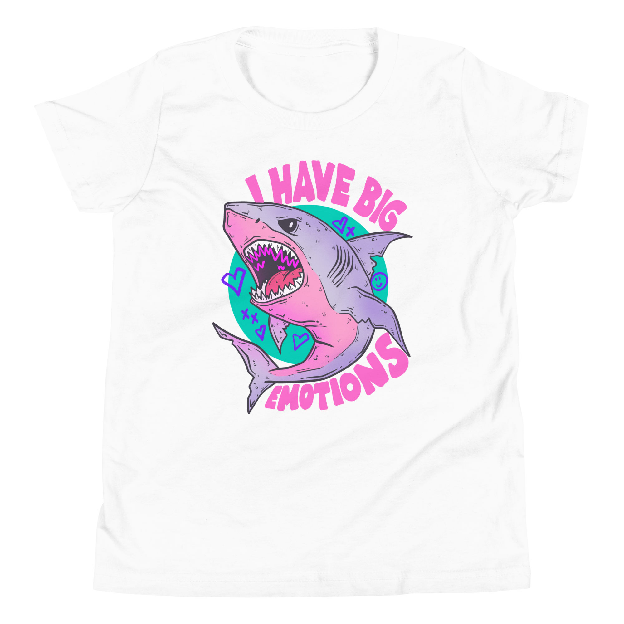 I Have Big Emotions Youth T-Shirt featuring a pastel shark and hearts for expressive kids, perfect for big emotions kids t-shirt.