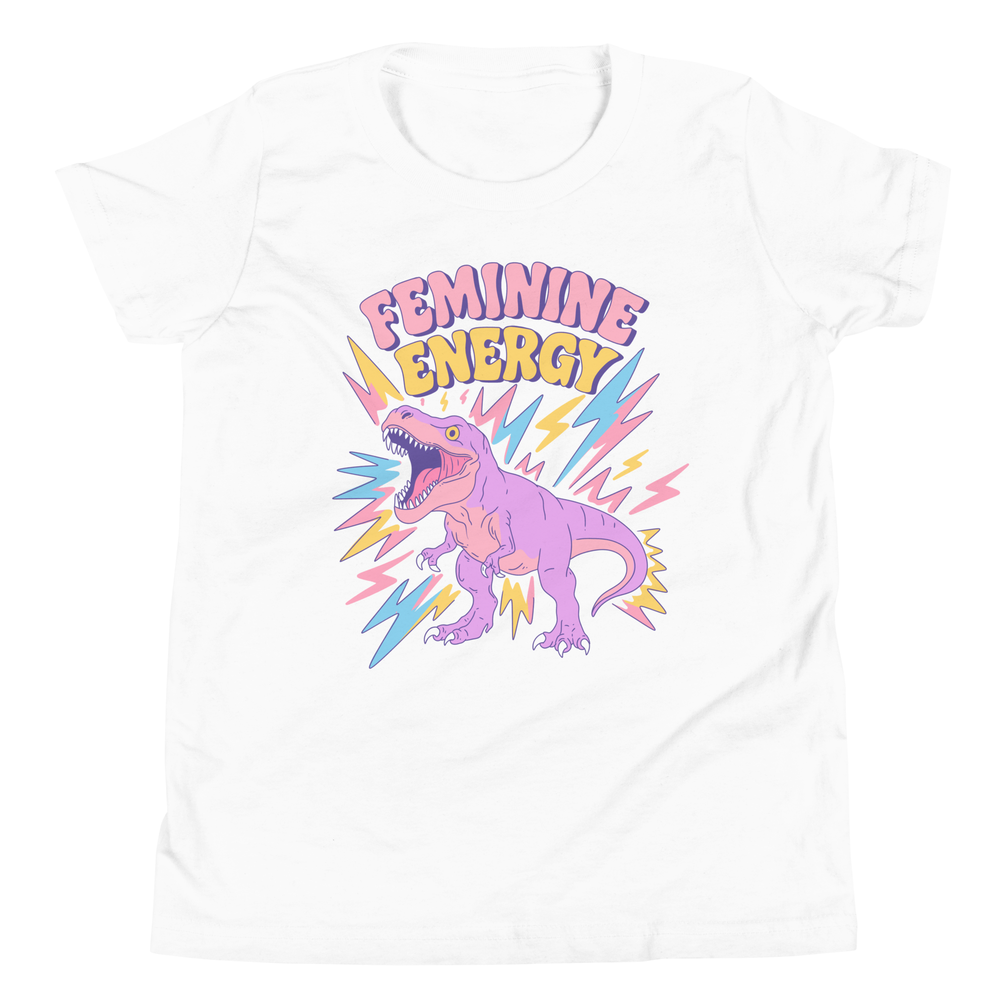 Feminine Energy Youth T-Shirt featuring a pastel T-Rex and lightning bolts, bold and fun design for girls.