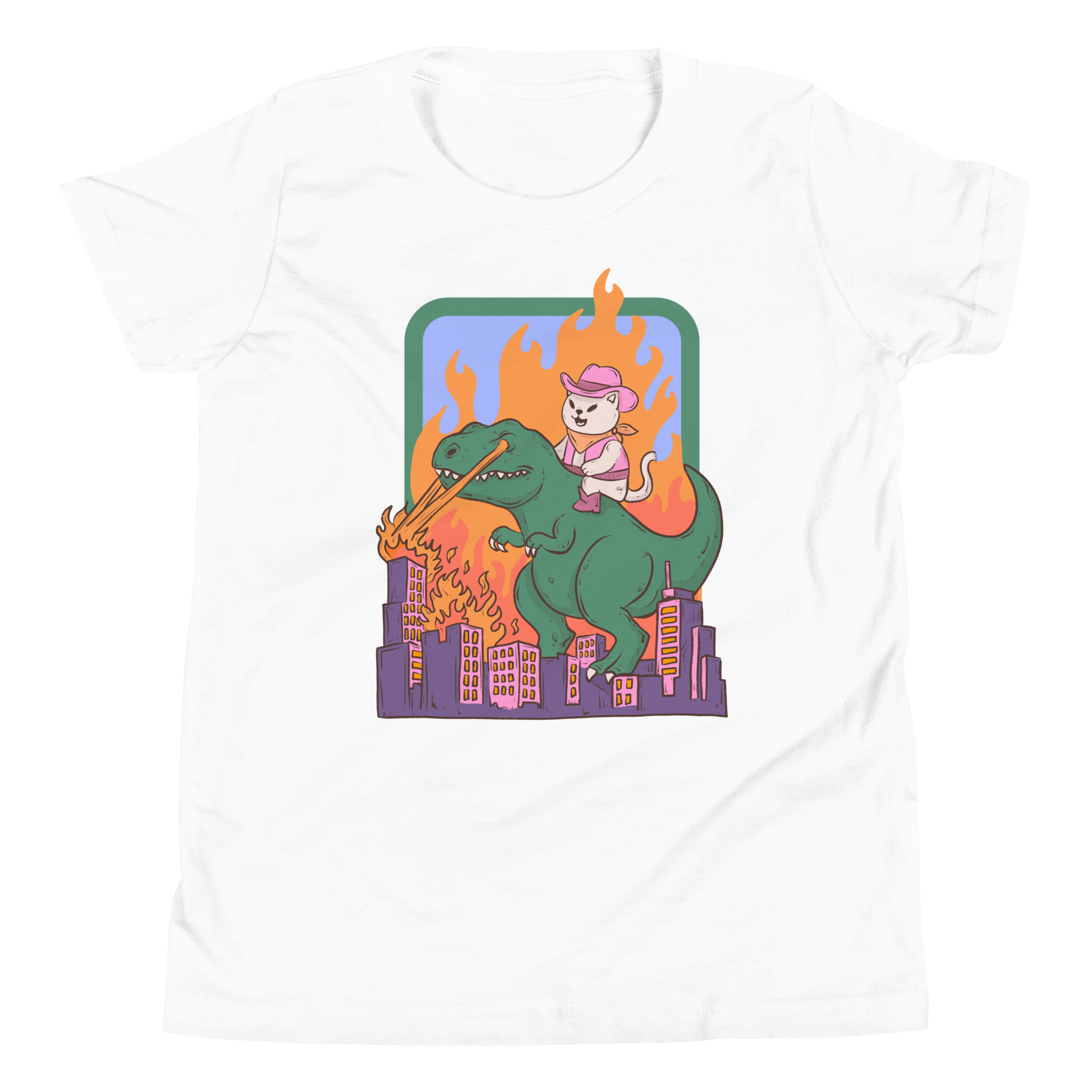 Cat riding dinosaur kids t-shirt featuring a cool cat in a pink cap on a fire-breathing dinosaur.