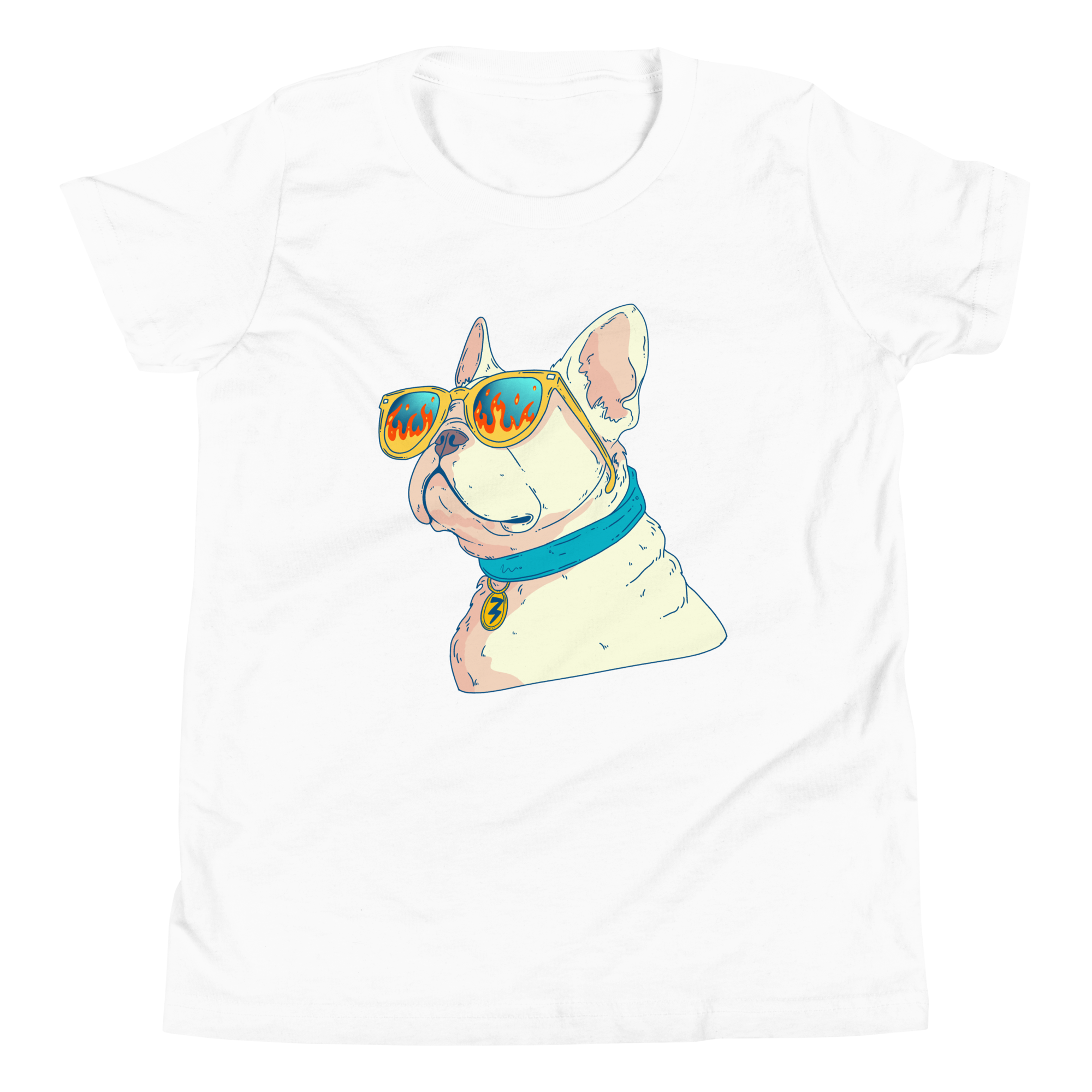 French Bulldog Kids T-Shirt featuring a cool dog in sunglasses and a blue collar on a black background.