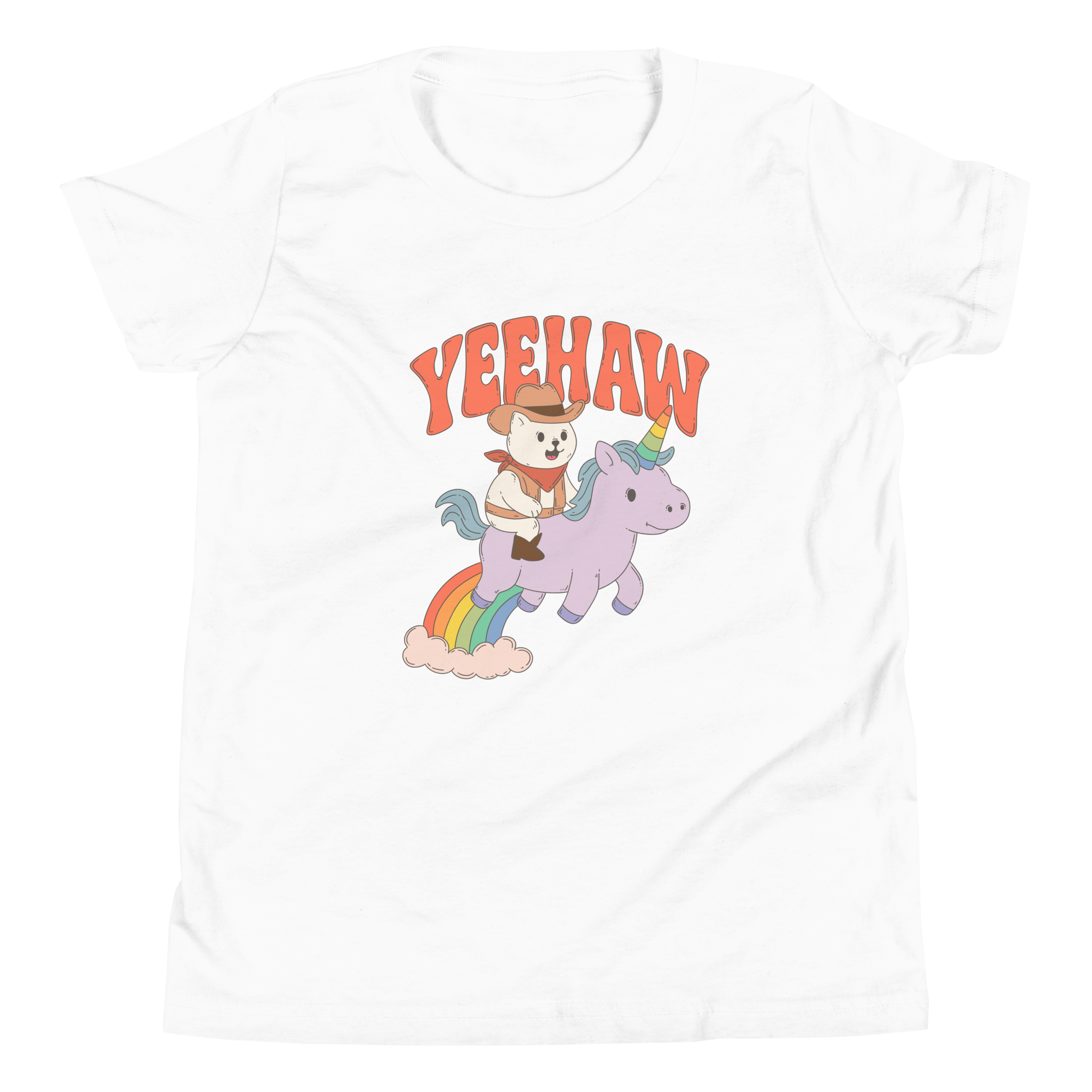 Yeehaw Cowboy Cat Kids T-Shirt featuring a cat riding a purple unicorn on a rainbow.